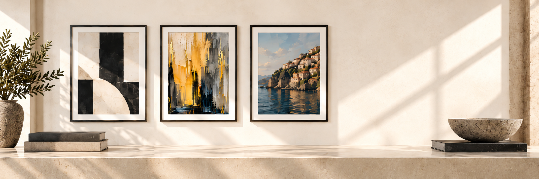 Three framed art pictures hanging on a white wall, with a potted plant to the left and decorative stone bowl on a black platform to the right, sunlight casting shadows.
