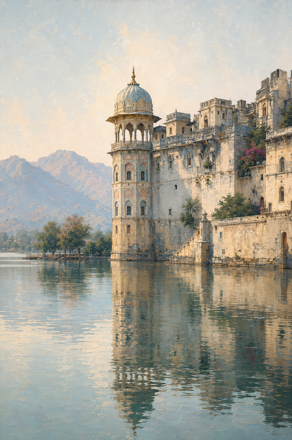 A historic castle with a tower partially built on a lake, surrounded by mountains and trees, with a reflection in the water.