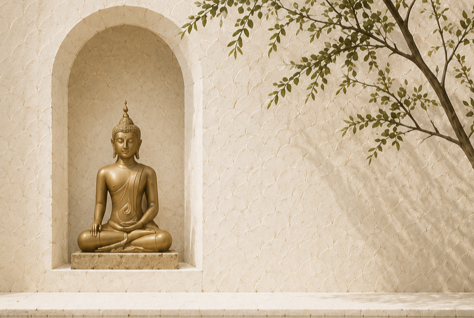 Golden Buddha statue seated in a niche on a marble pedestal, against a textured beige wall with a branch with green leaves in the upper right.