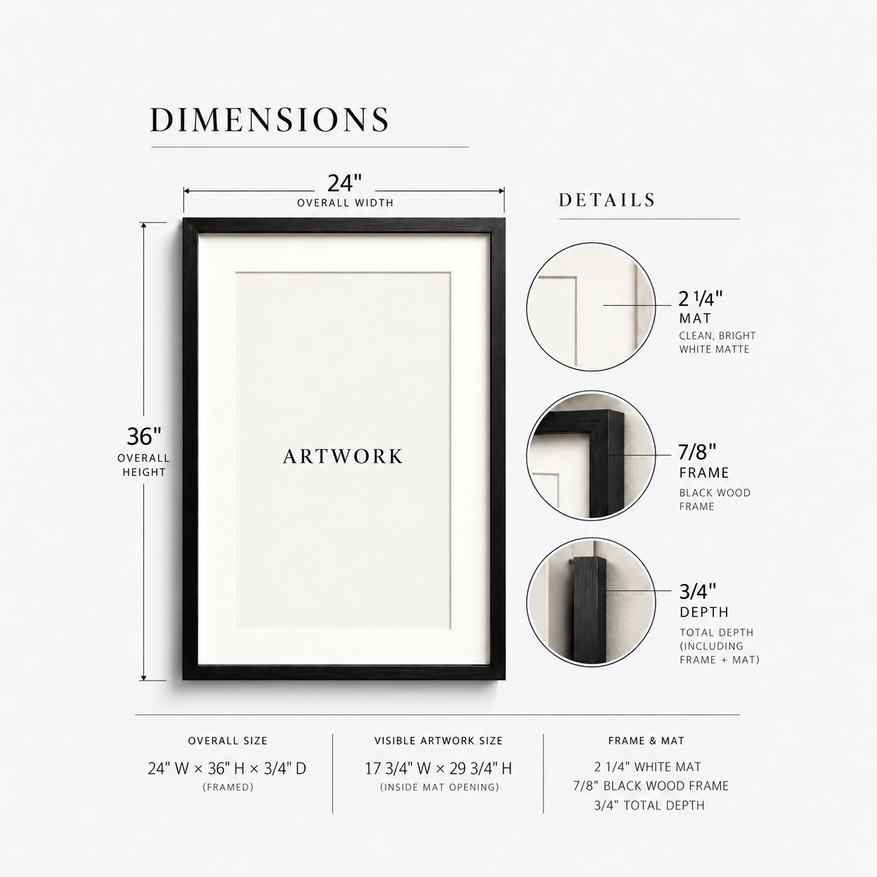 24 x 36 framed art dimensions, black wood frame and white mat