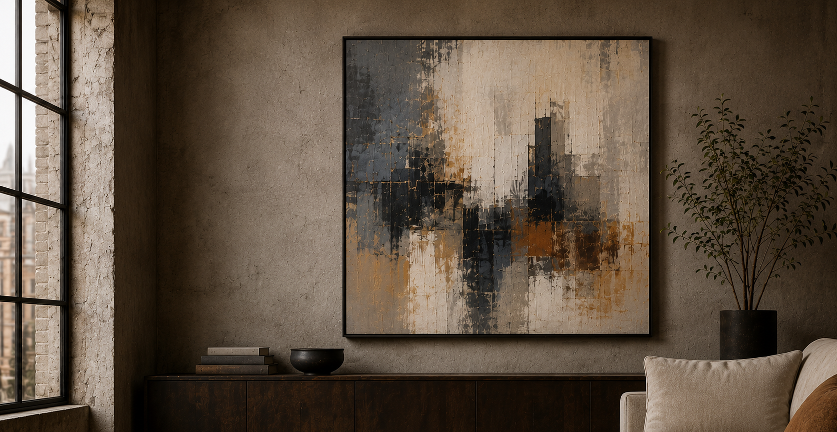 A modern interior with a large abstract painting on a grey textured wall, a window with black framing on the left, a dark sideboard with books and a bowl, a tall potted plant on the right, and a beige sofa with a pillow in the foreground.