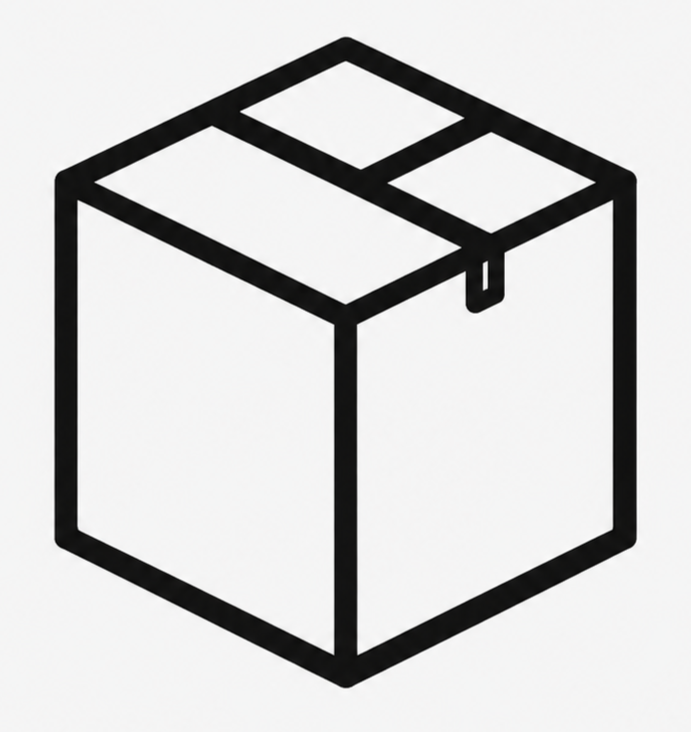Line drawing of a closed cardboard box with a flap on top.