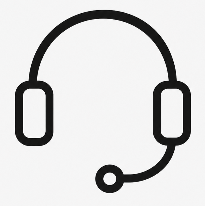 Simple black and white icon of a headset with a microphone.