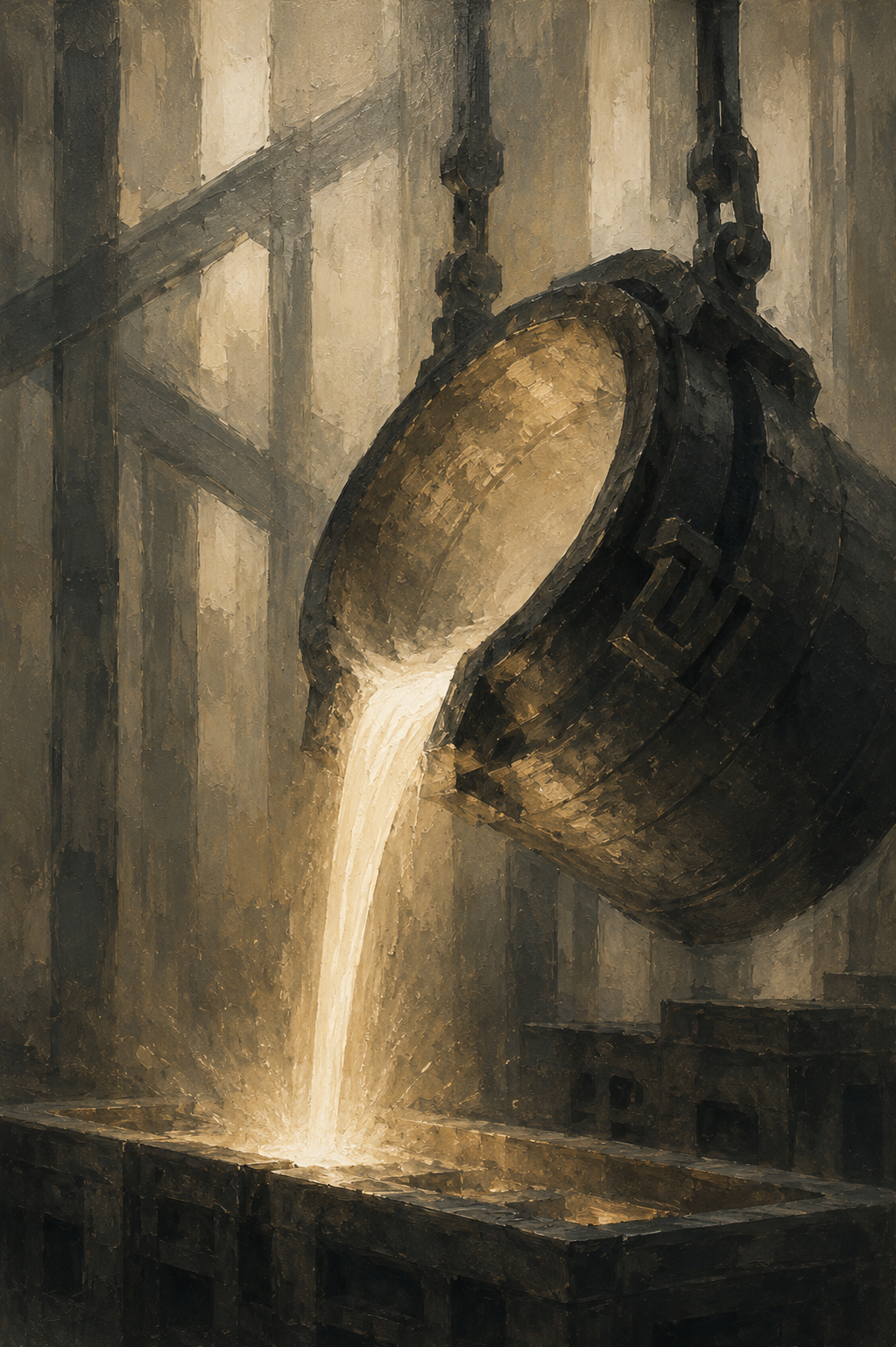 A large industrial bucket pouring molten metal into a mold in a factory setting.