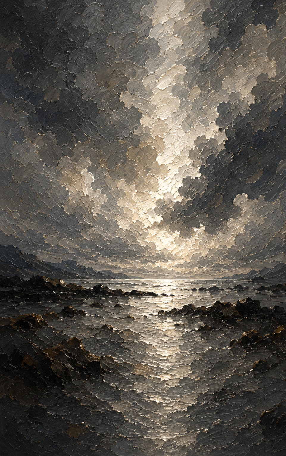 A textured painting of a stormy seascape with dark clouds, rocky shoreline, and reflection on water, depicted in an impasto style.