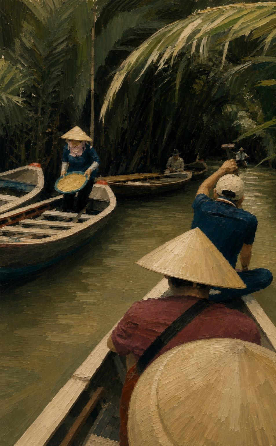 People in traditional Vietnamese hats boating through a lush green canal.