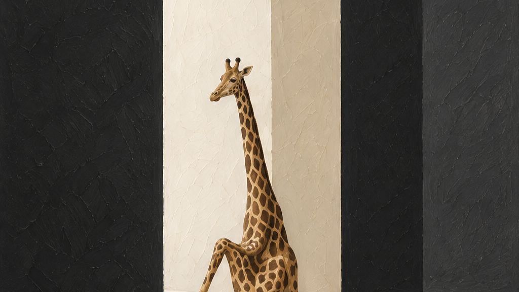 Contemporary giraffe artwork displayed in a modern interior with black and white textured walls.
