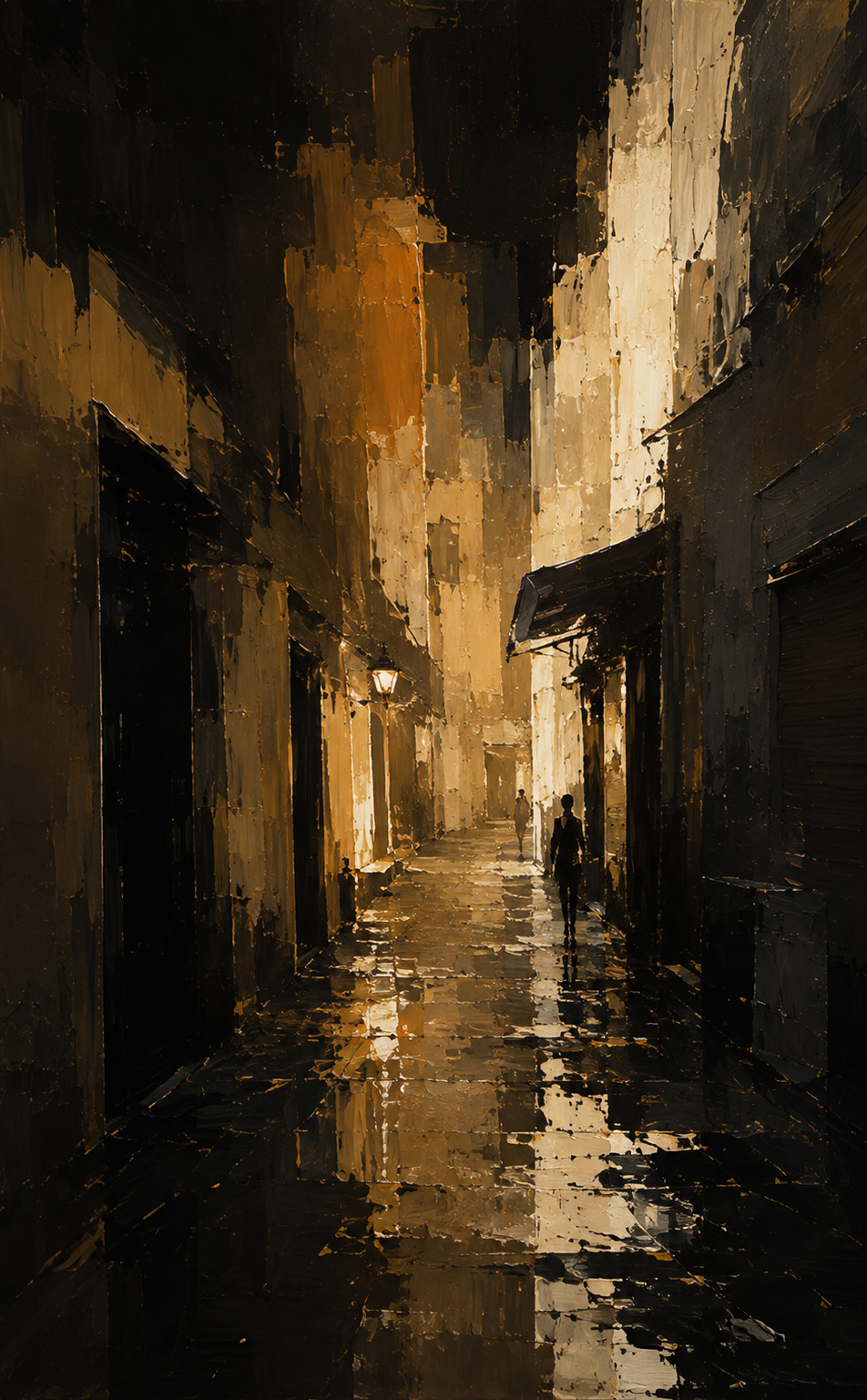 A narrow, dimly lit alleyway at night with a wet reflective surface, warm streetlights illuminating the scene, and a few silhouetted pedestrians walking.