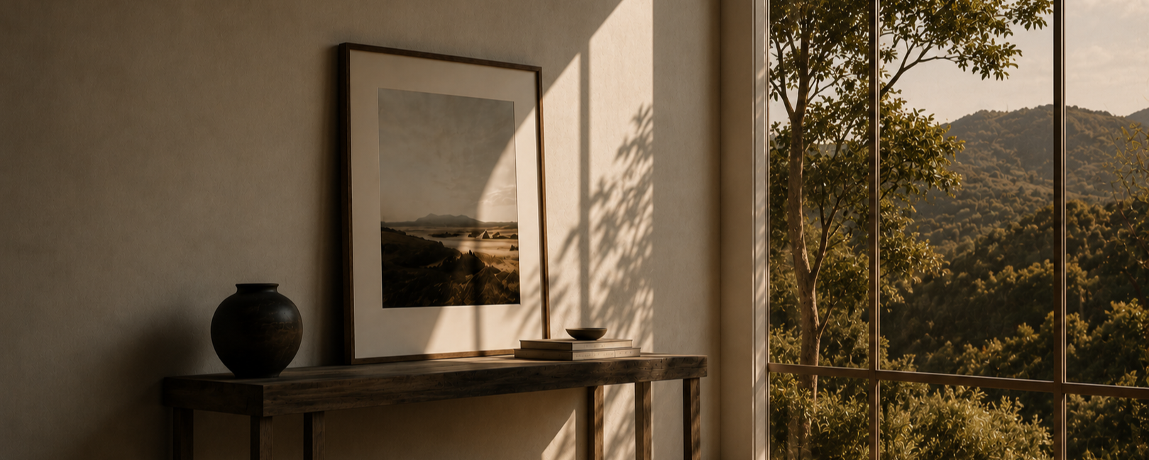 Interior scene with a wooden shelf, a black vase, a framed landscape photograph, and a small bowl with books on the shelf. Sunlight streams through large windows, illuminating trees and a mountain landscape outside.