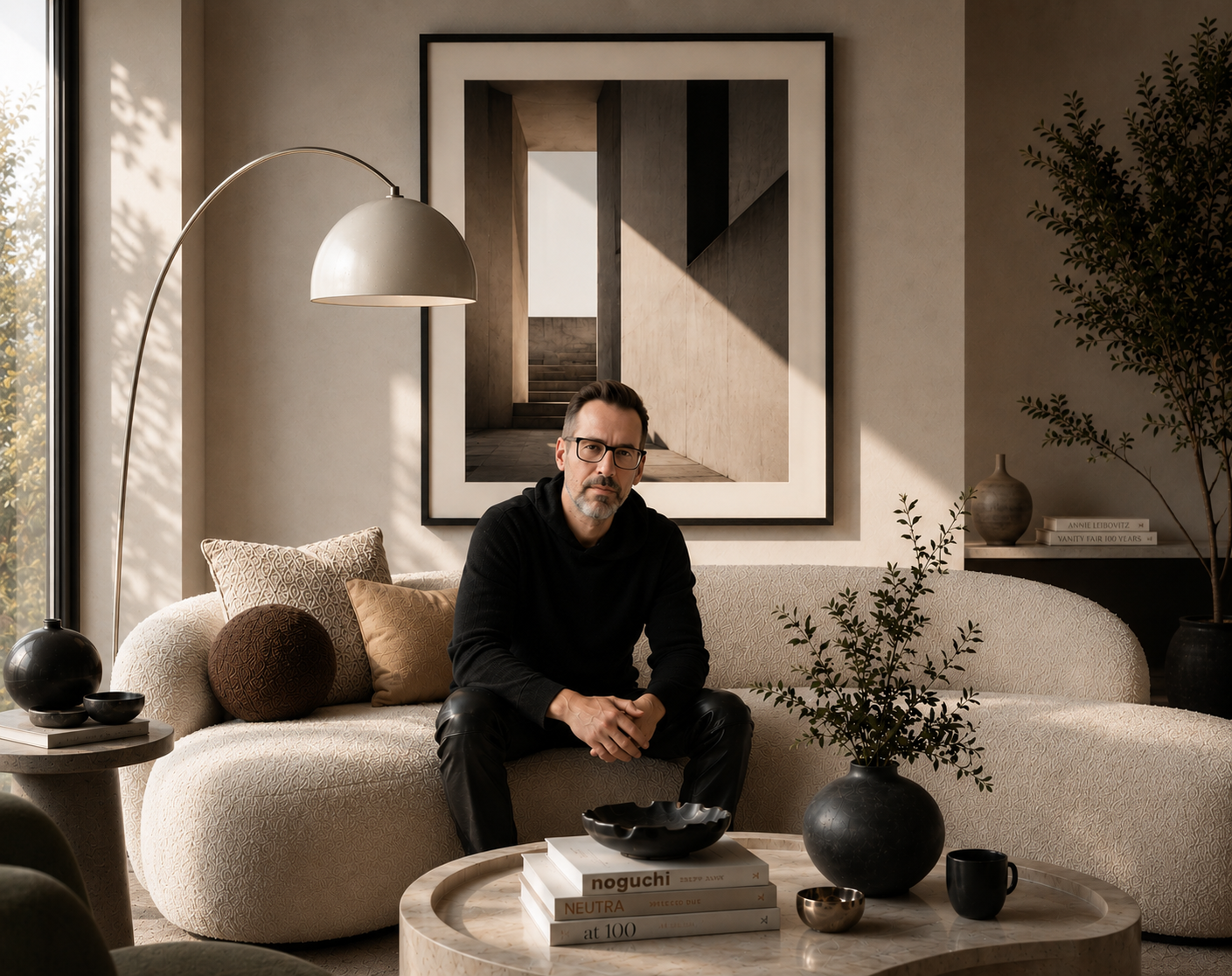 Man sitting on a cream-colored textured sofa in a modern living room with neutral decor, including a large framed abstract architectural photograph, decorative pillows, a round side table with black and white vases, and a large potted plant.