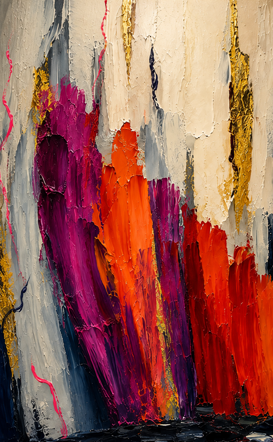 Abstract expressionist painting with bold strokes of pink, orange, red, purple, gold, black, gray, and white.