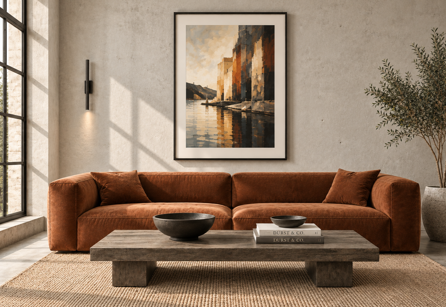 Living room with a large brown leather sofa, a rustic wooden coffee table holding black bowls and books, a framed abstract painting of a cityscape hung on the light concrete wall, a tall potted plant in a corner, and natural light streaming in through large windows.