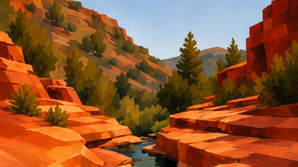 Contemporary digital landscape artwork of a scenic canyon with layered red rocks, green pine trees, and a river.