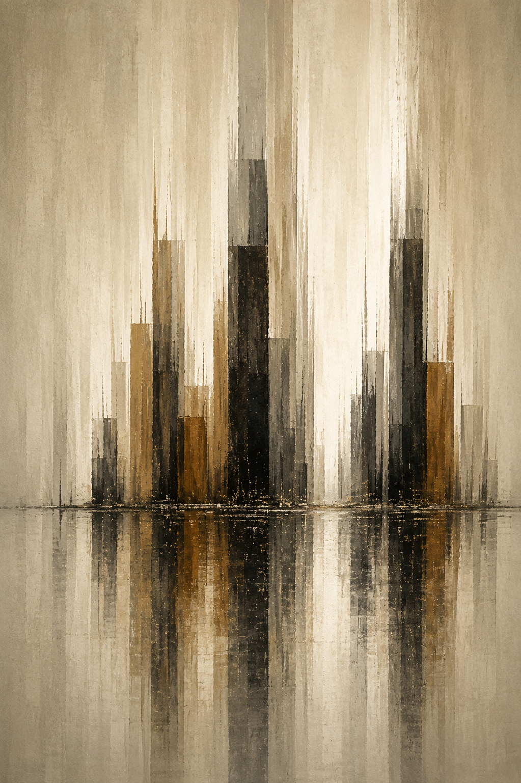 Abstract artwork featuring vertical streaks in shades of beige, brown, black, and gray, with a reflection effect at the bottom.