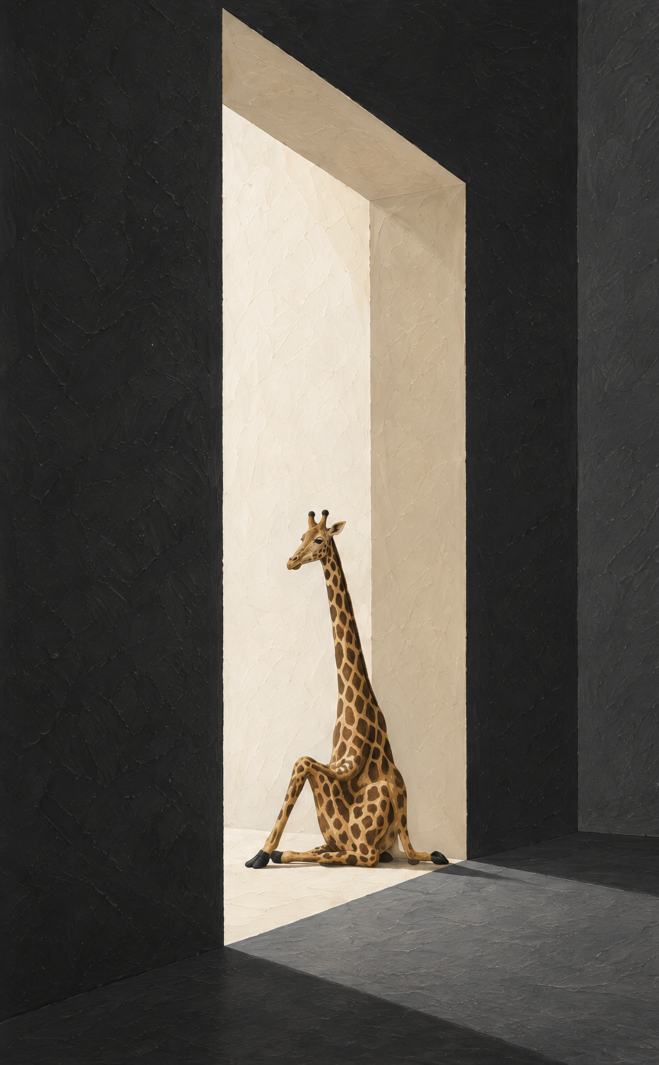 A stuffed giraffe sitting in a brightly lit alcove with contrasting black painted walls around it.