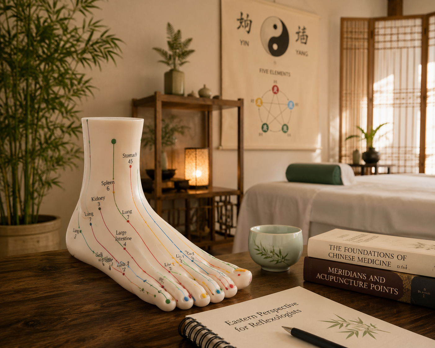 A model of a foot with acupuncture points labeled, placed on a wooden table in a room with traditional Asian decor, including books about Chinese medicine and an acupuncture chart on the wall.