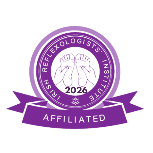 A purple circular logo with the text 'RISH REFLEXOLOGY / IST' and '2026' in the center, featuring an illustration of two hands performing reflexology on two feet, and a purple ribbon banner with the word 'AFFILIATED' below.