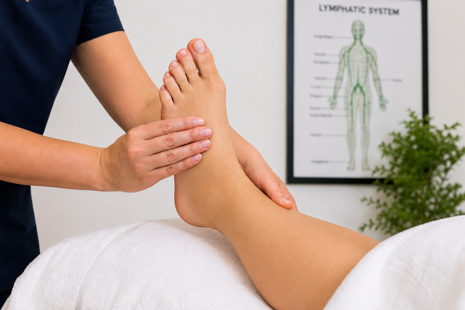 A therapist or masseuse performs a physical therapy or massage on a person's ankle and foot in a clinic setting, with a diagram of the lymphatic system visible on the wall in the background.