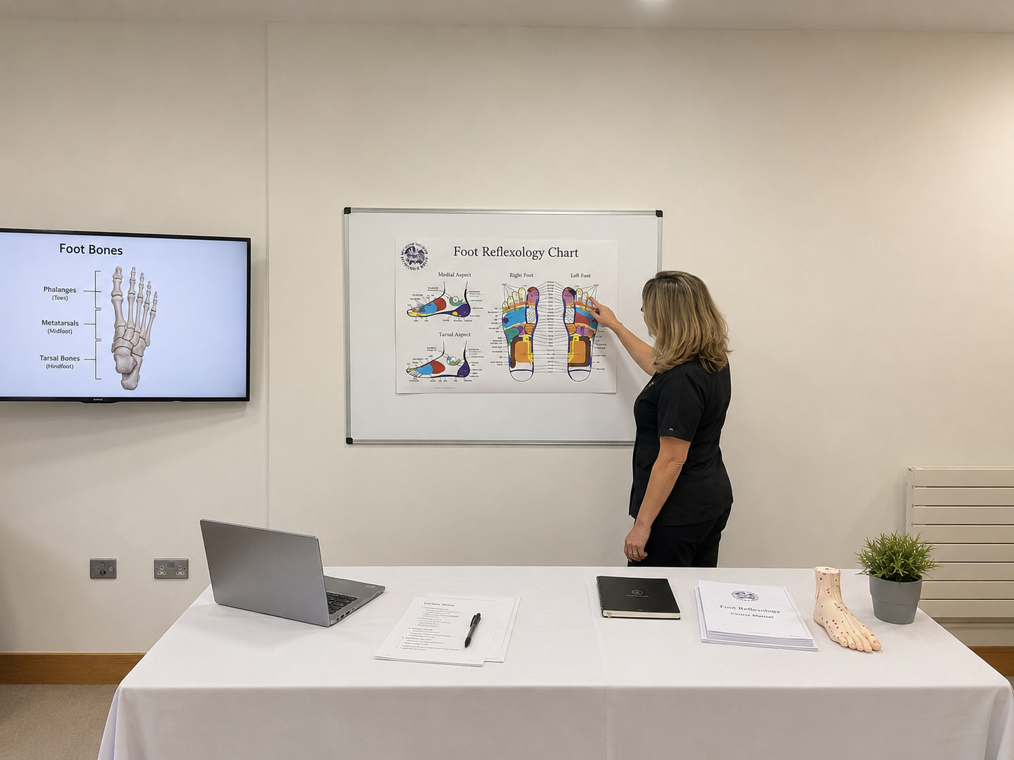 A woman standing in front of a whiteboard explaining a foot reflexology chart in a classroom setting.