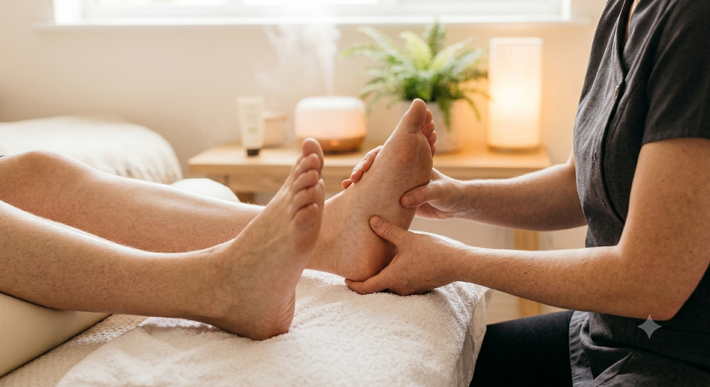 A person receiving a foot reflexology from a reflexology therapist in a cozy room with soft lighting, a bed, and decorative plants.