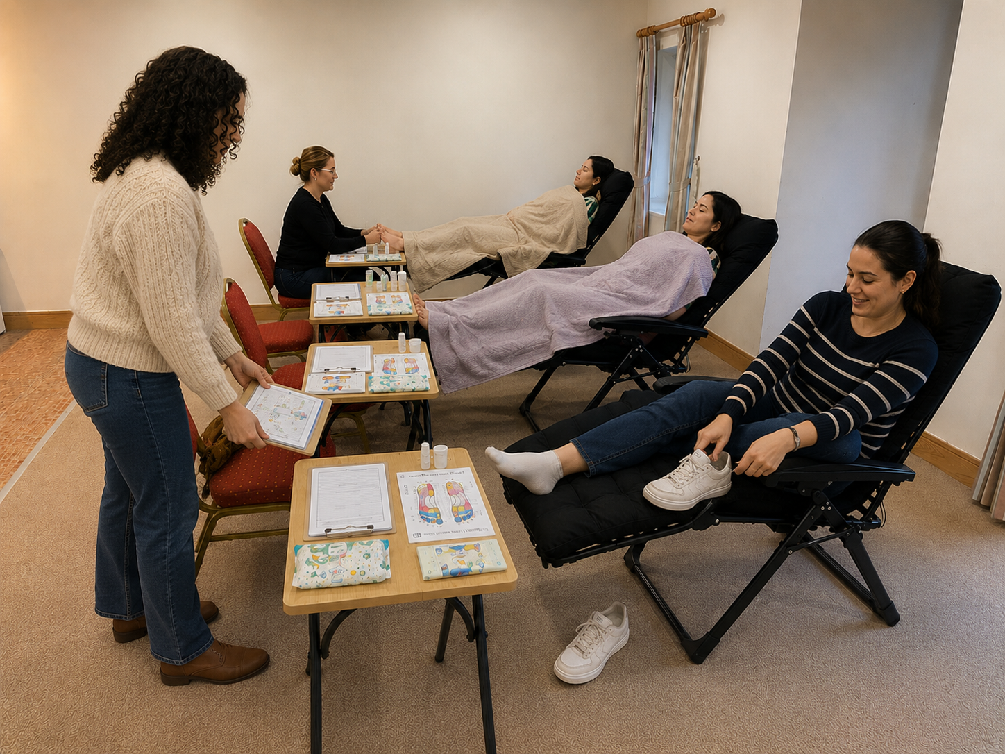 Four women are seated in reclining chairs,  Their feet are elevated and resting on footstools. One woman is smiling as she adjusts her shoe, while the others are lying back with relaxed expressions. A nurse or facilitator is standing nearby at a table with informational materials.