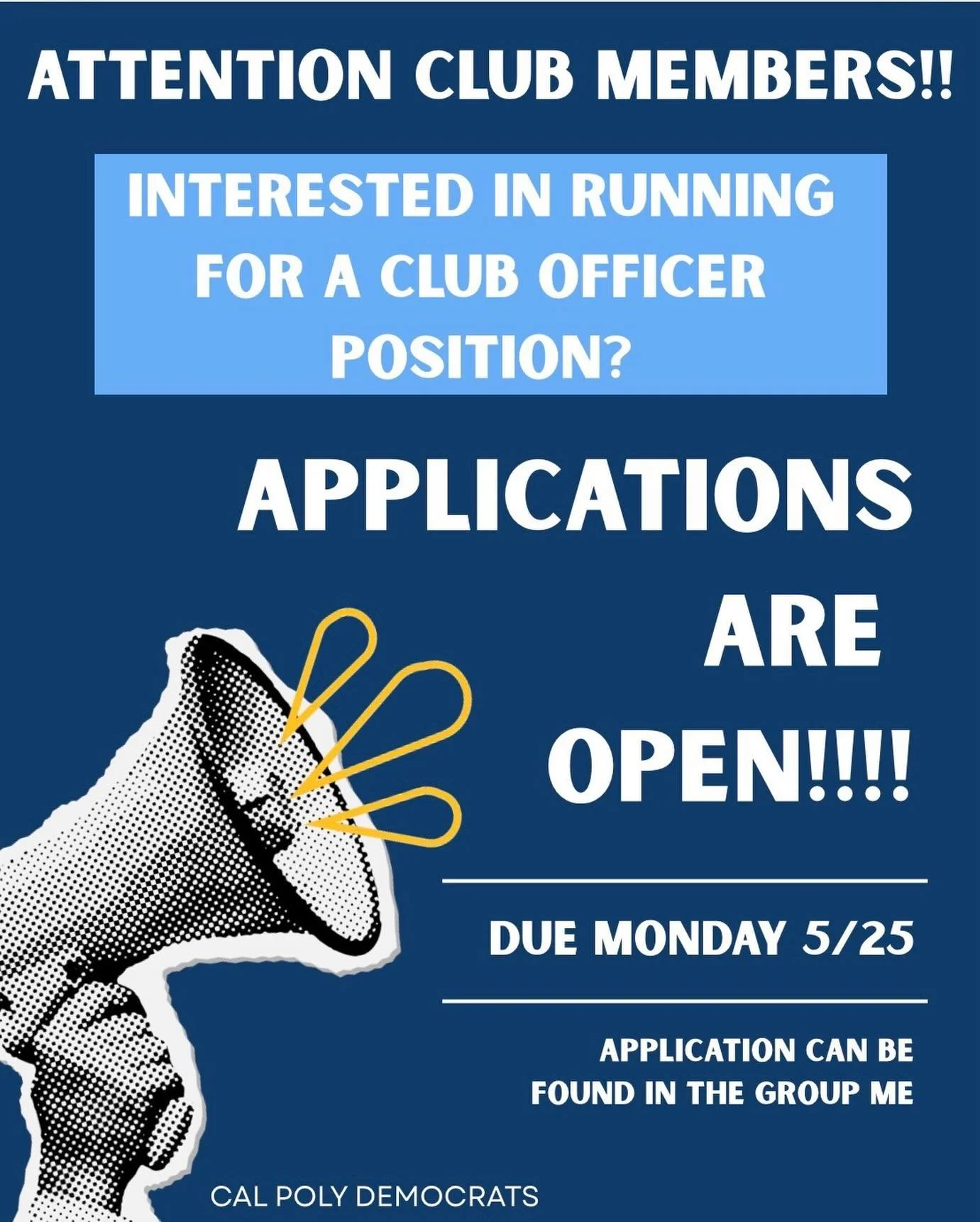 don't forget to apply to run for a position on our executive board for next school year! applications due tomorrow night, we vote tuesday night!
