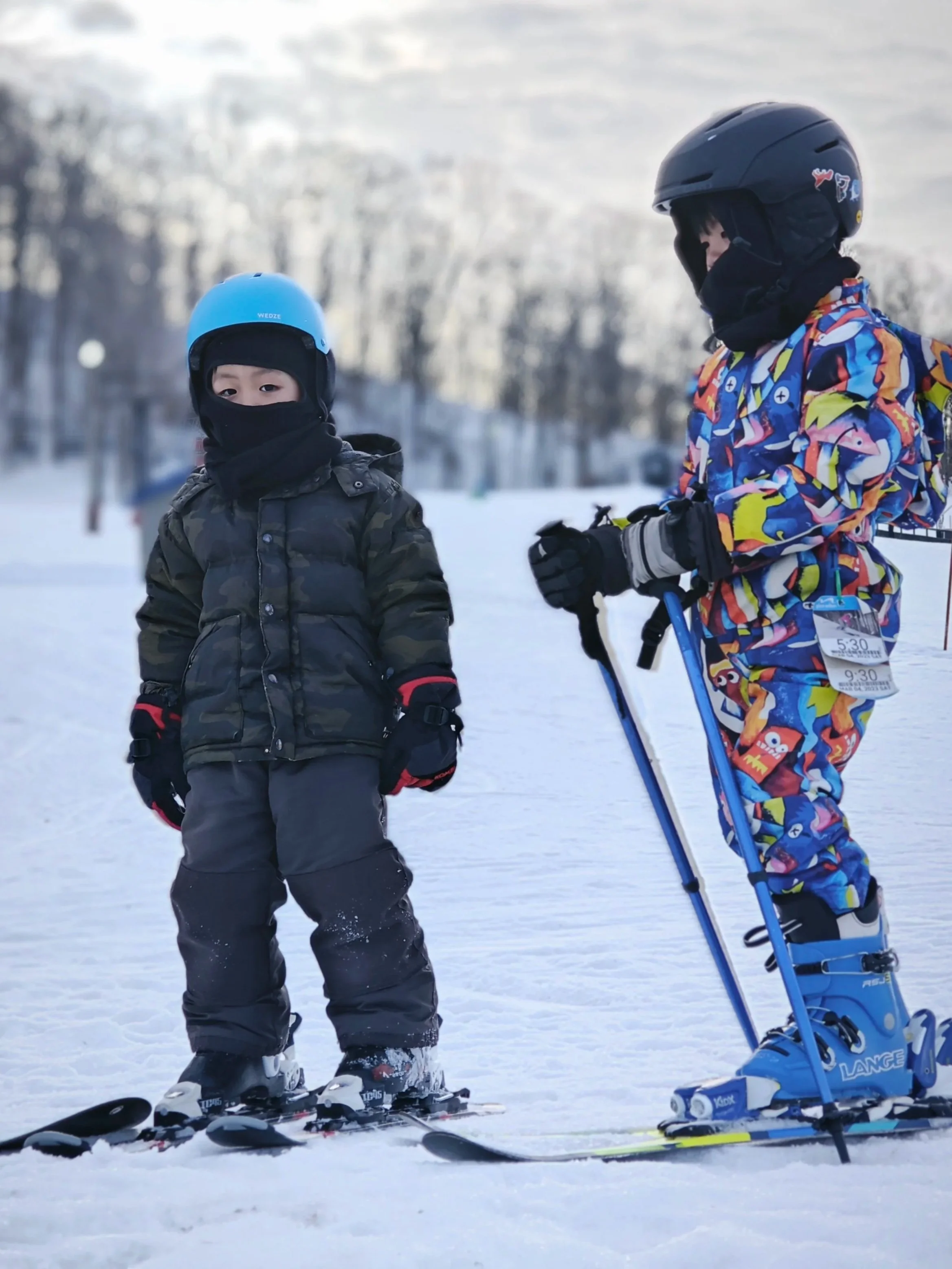 Two children dressed in winter clothing and ski gear standing on snow, with a snowy landscape and trees in the background.
