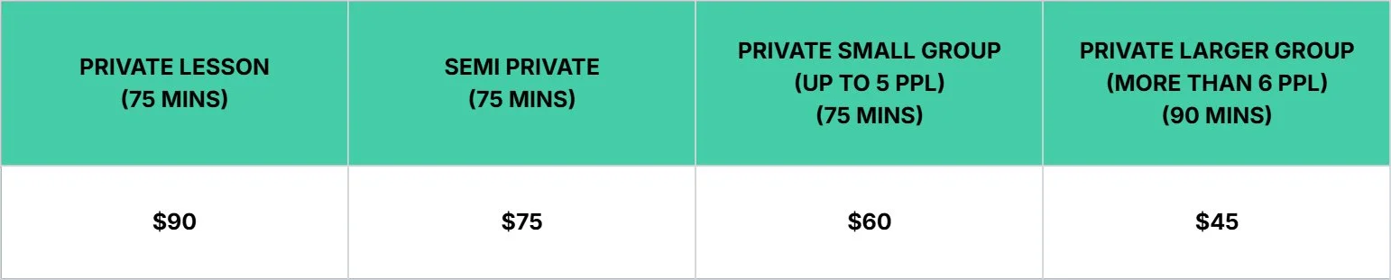 Pricing table comparing private lesson options with durations and prices: Private Lesson 75 mins for $90, Semi Private 75 mins for $75, Private Small Group (up to 5 people) 75 mins for $60, Private Larger Group (more than 6 people) 90 mins for $45.