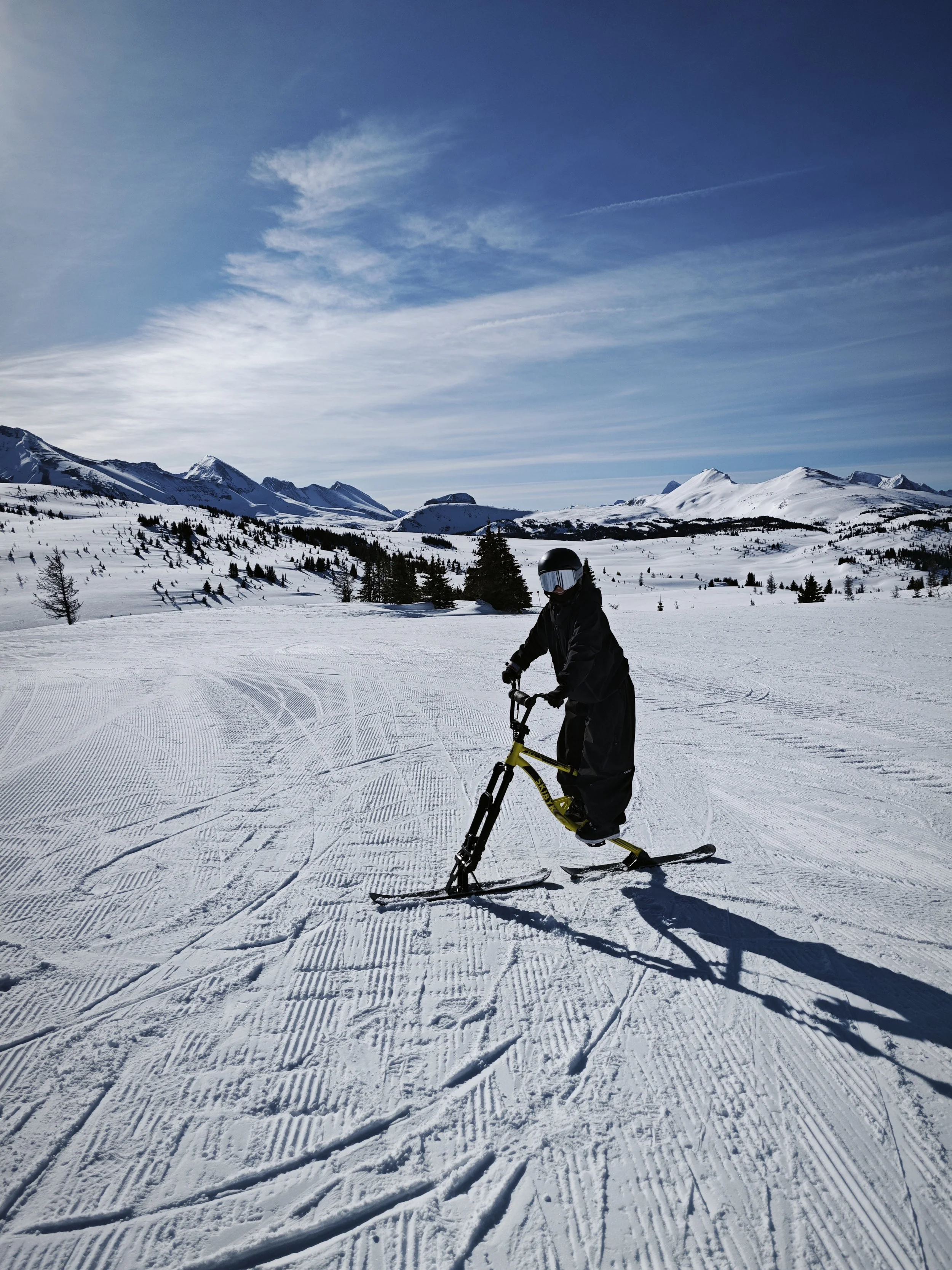 Person in black winter gear and helmet riding a yellow ski bike on a snowy mountain landscape with a blue sky and snow-capped peaks in the background.