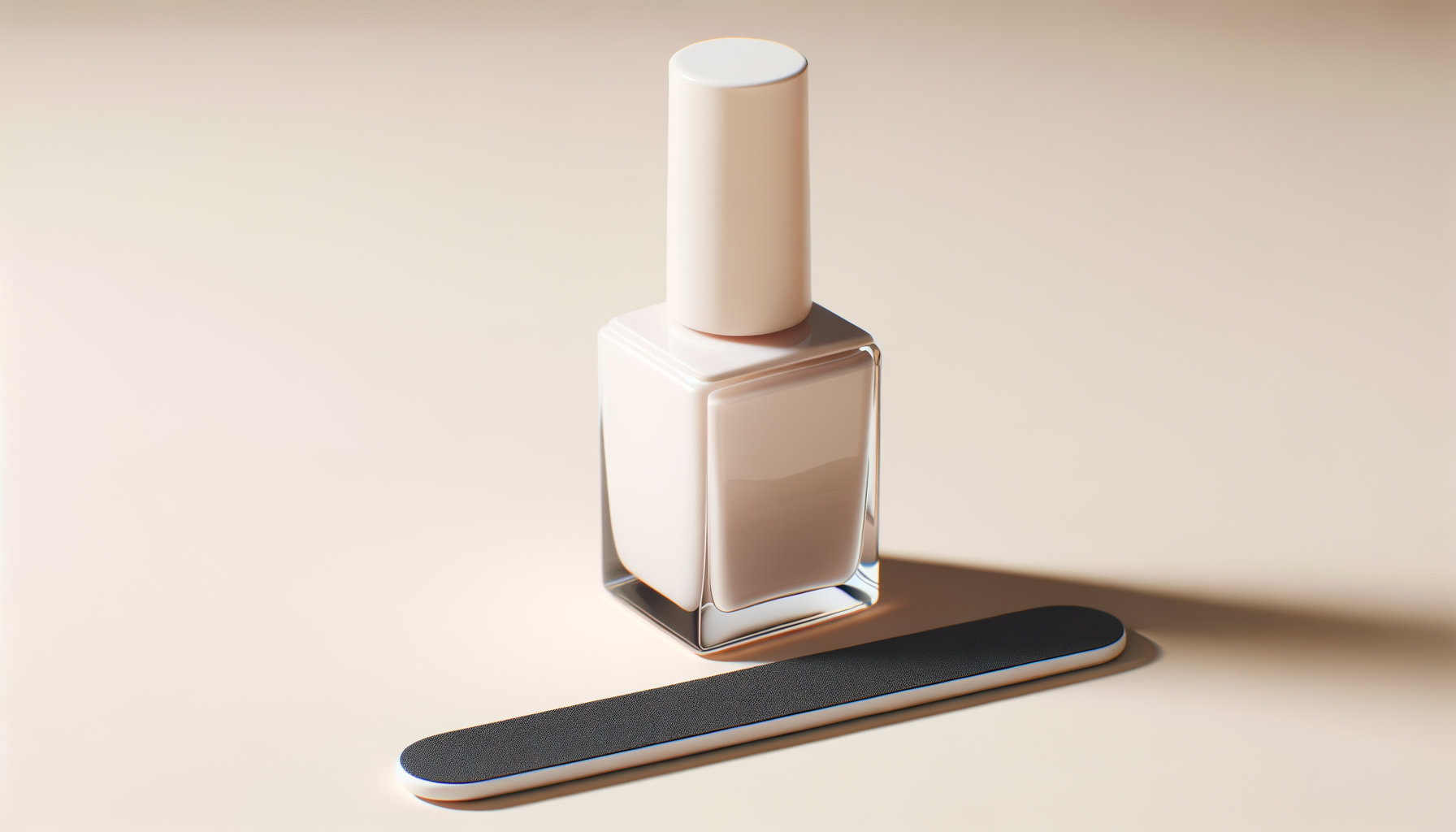 A bottle of white nail polish and a black and white nail file on a beige background.