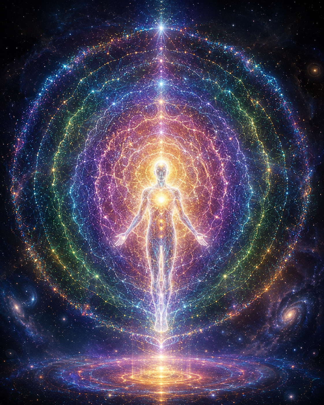 A luminous, human-like figure with outstretched arms expands into a vibrant, colorful cosmic background filled with multiple concentric circles of energetic light, representing spiritual and cosmic energy connections.