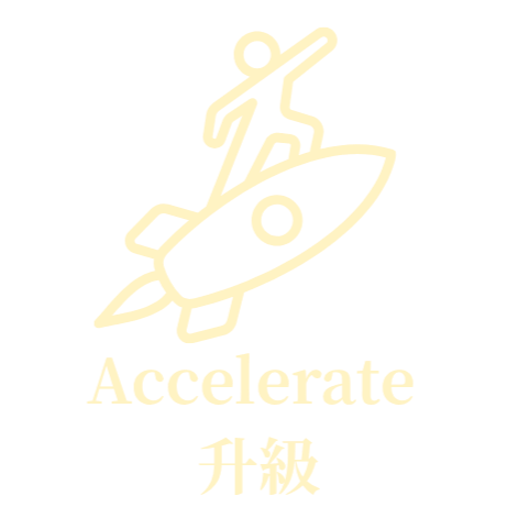 Line drawing of a person running on top of a rocket with the word "Accelerate" and Chinese characters below.