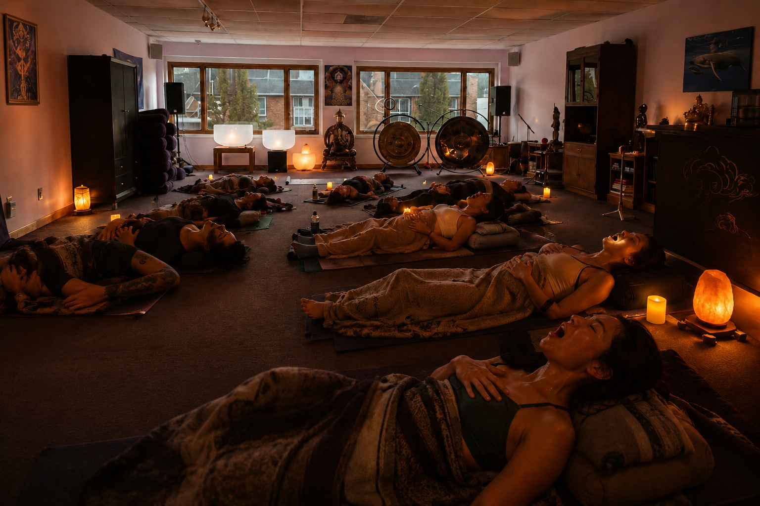 People lying on mats in a dimly lit room with candles, cushions, and musical instruments, participating in a breathwork ceremony session.