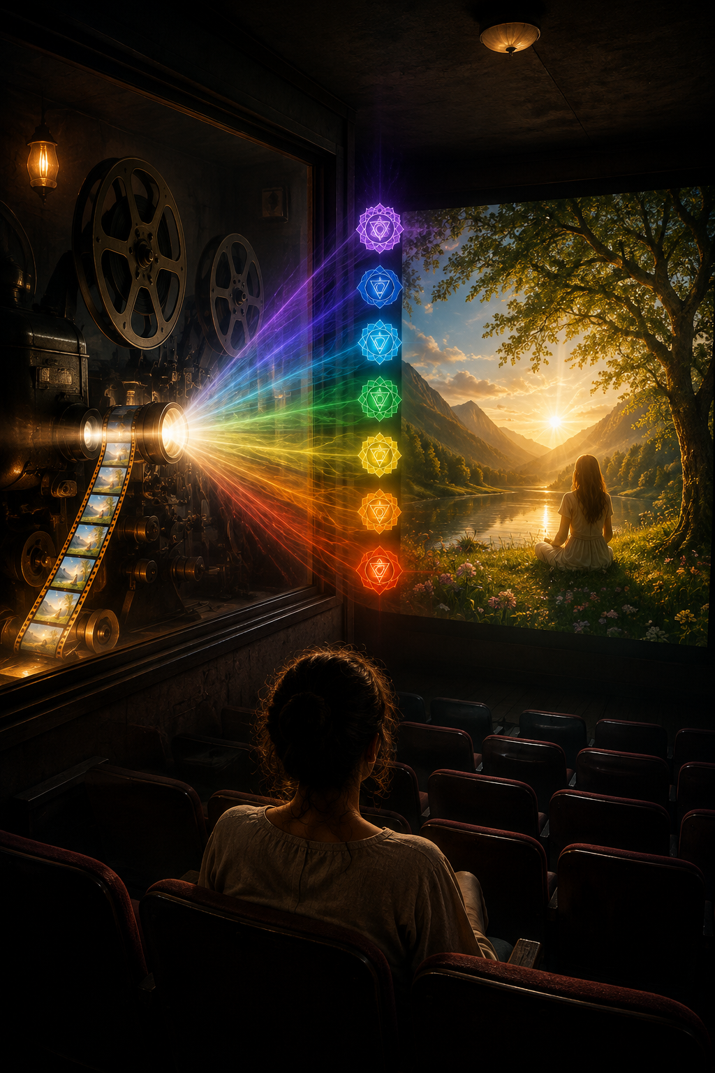 A woman watching a movie in a theater, where the image on the screen depicts a woman sitting by a river at sunset in a lush, mountainous landscape. The film's colors extend from the projector, with a rainbow spectrum of chakra symbols connecting the projector to the scenic image.