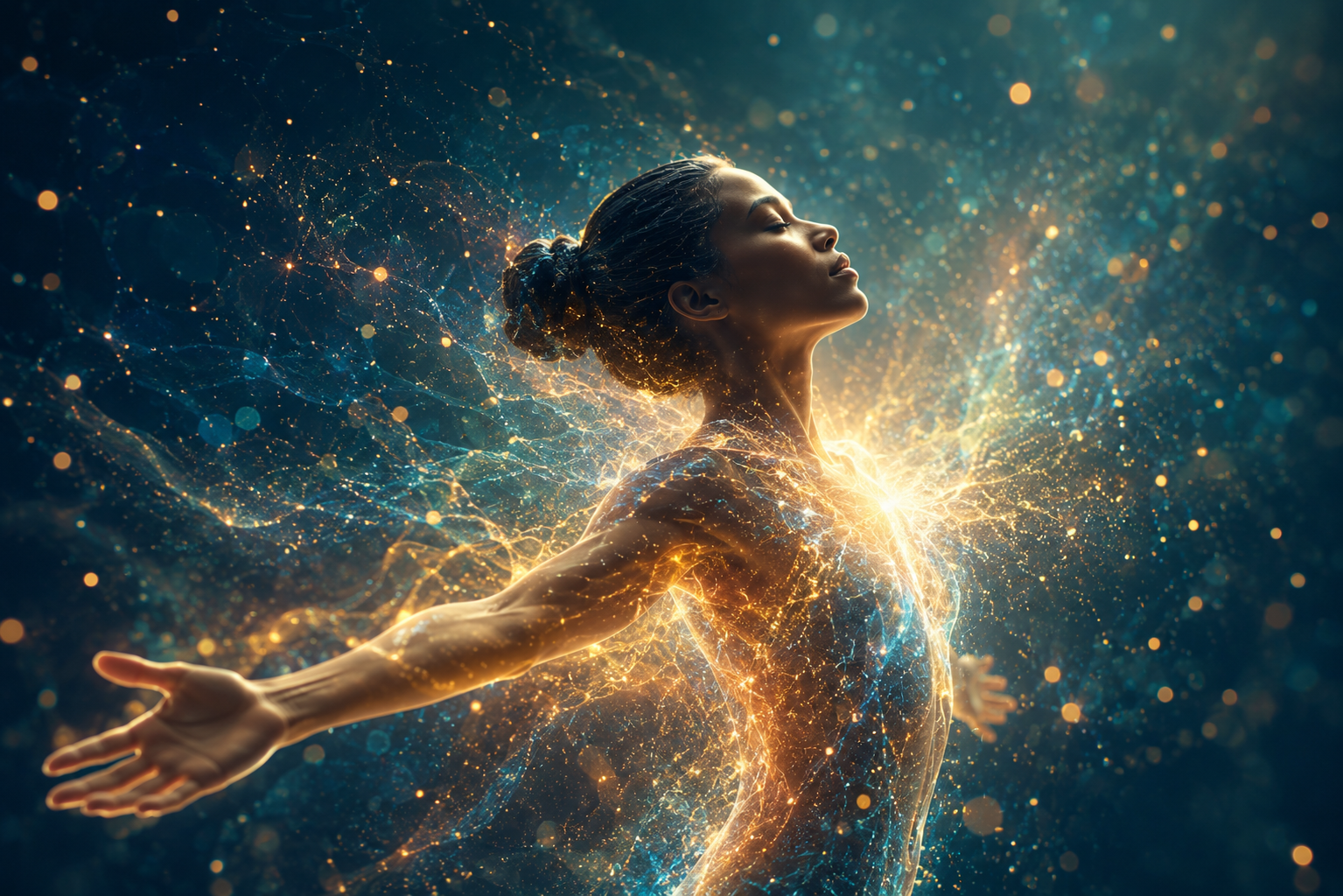 A woman with arms outstretched, surrounded by glowing golden and blue light patterns, appearing to be immersed in a cosmic or energetic space.