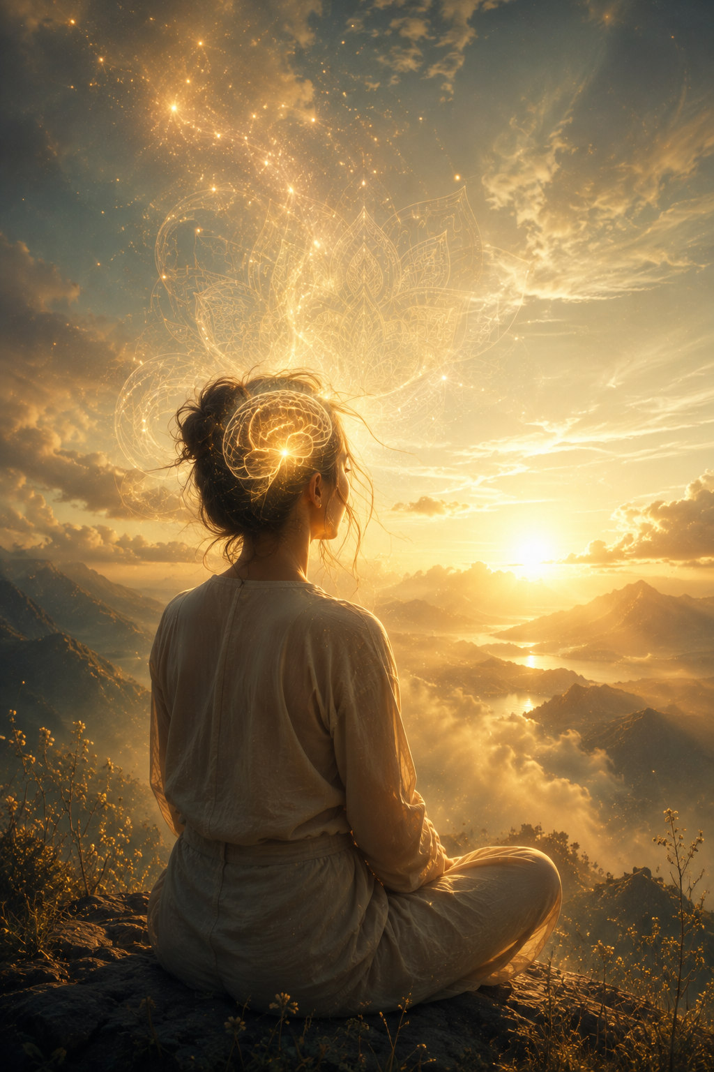 A woman sitting cross-legged on a mountain, looking at a sunrise or sunset over clouds and distant mountains. She has an illustrated glowing pattern and a brain with geometric designs emanating from her head, blending with the sky.