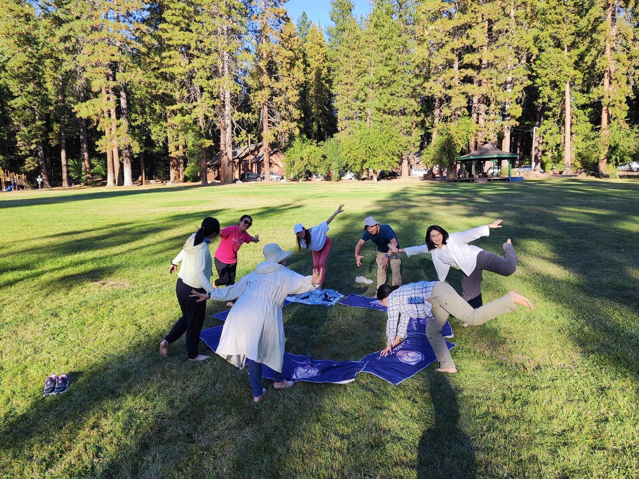 A group of people, including adults and a child, laying on a blanket and participating in yoga or stretching exercises in a grassy park with tall trees and a gazebo in the background.
