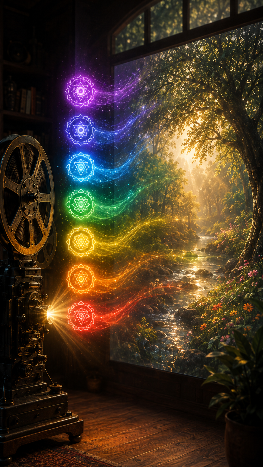 An antique film projector casting colorful digital energy symbols towards a scenic forest window with trees and a stream, blending old technology with spiritual imagery.