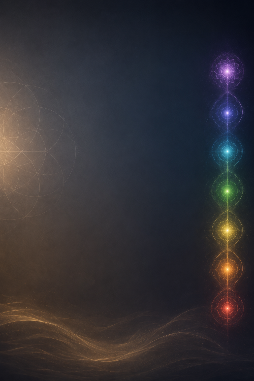A dark background with 7 chakras, energy centers.