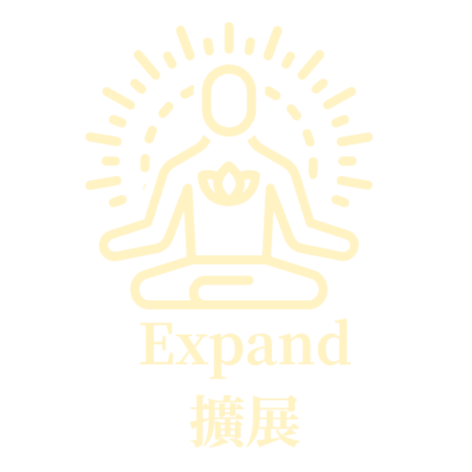 A stylized illustration of a person in a meditative pose with a lotus flower on their chest, surrounded by radiating lines, and the word 'Expand' in bold below with Asian characters underneath.