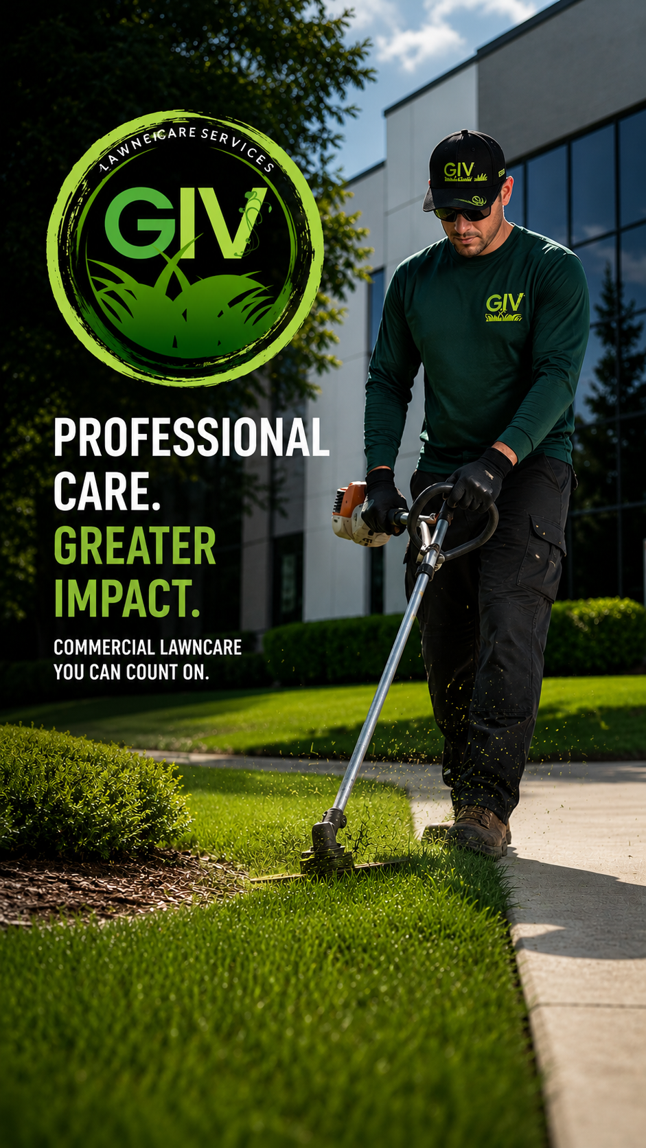 A man in a green GIV cap and shirt is trimming grass with a string trimmer outside a modern building, with trees and bushes in the background. Overlaid text promotes GIV Lawncare services.