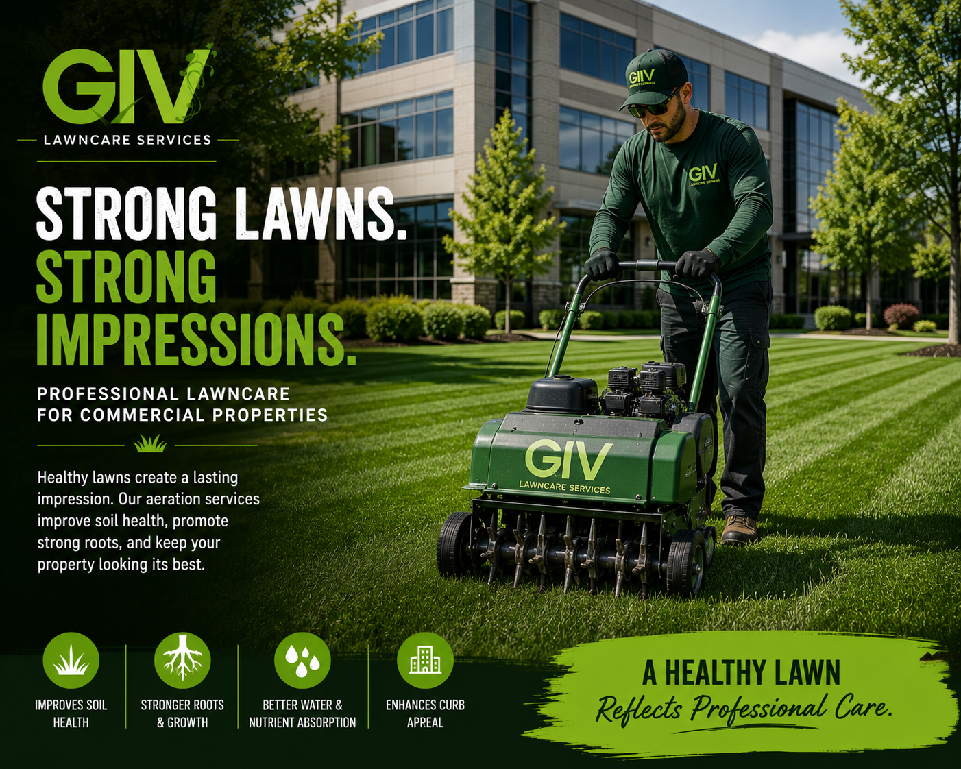 A man in safety glasses, gloves, and a GIV Lawncare Services cap uses a turf aerator on a well-maintained green lawn in front of a modern office building with glass windows. The image advertises professional lawn care services, emphasizing strong lawns, healthy soil, root growth, water and nutrient absorption, and curb appeal.