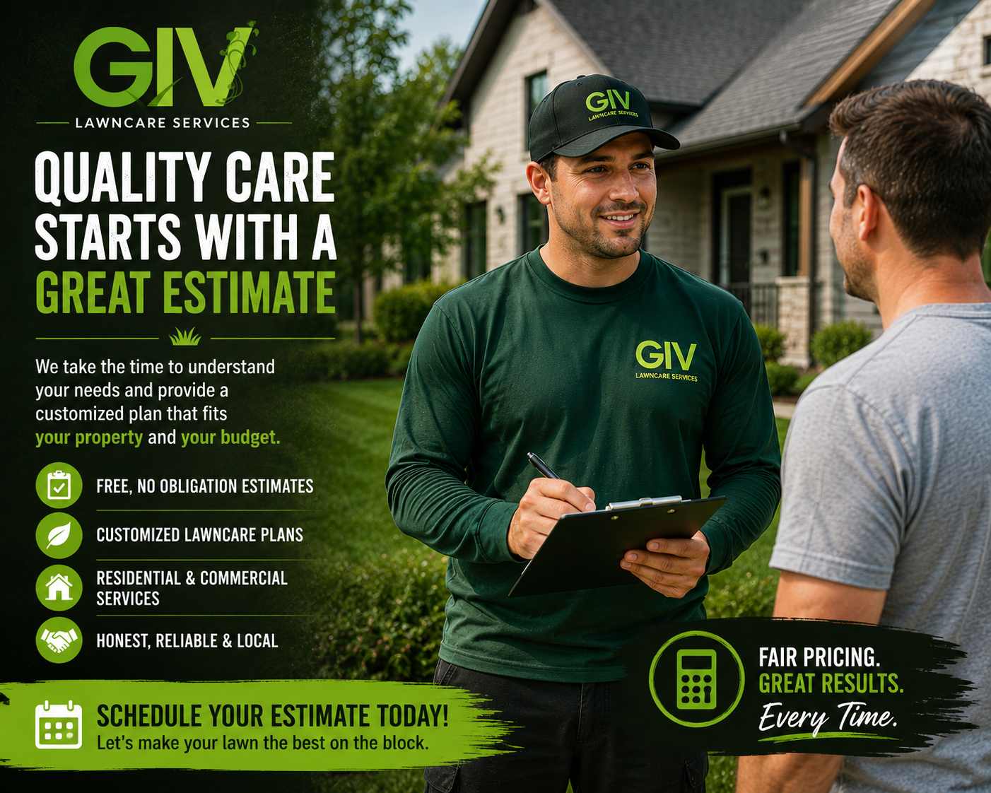 A GIV Lawncare Services worker wearing a green shirt and hat with the company's logo, talking to a customer outside a house. The ad promotes lawncare services with slogans about estimates, customized plans, and fair pricing.