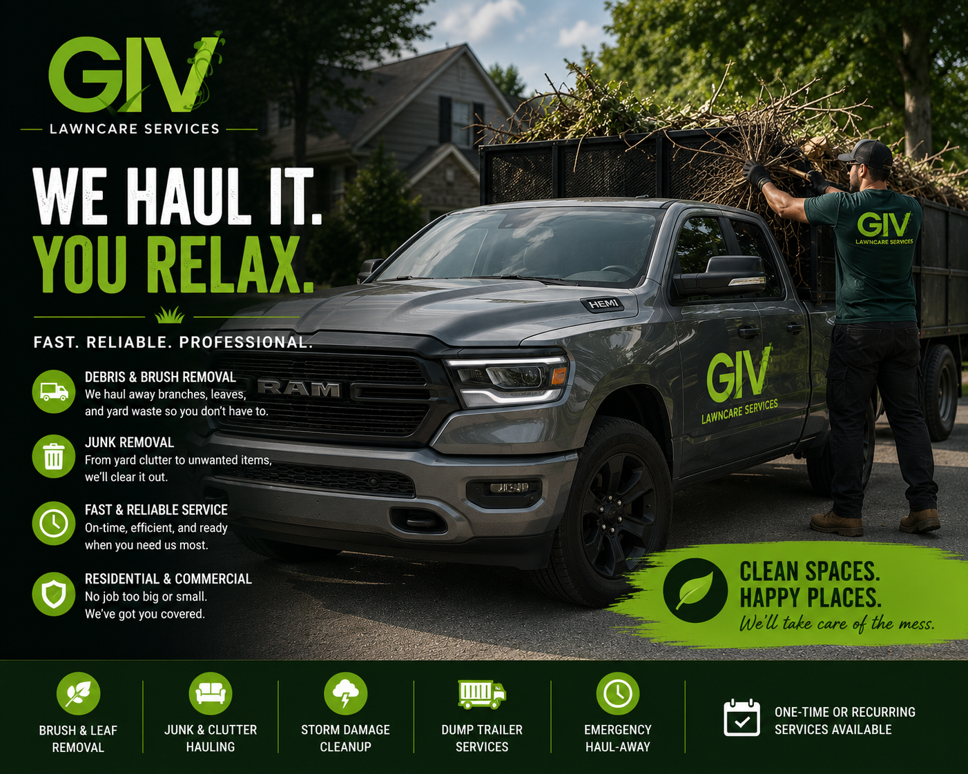 A truck with a green and black logo for GIV Lawncare Services, parked on a suburban street. A worker in a matching GIV shirt is loading branches onto the truck's bed. The image promotes lawncare and debris removal services, emphasizing trust, professionalism, and eco-friendly space maintenance.