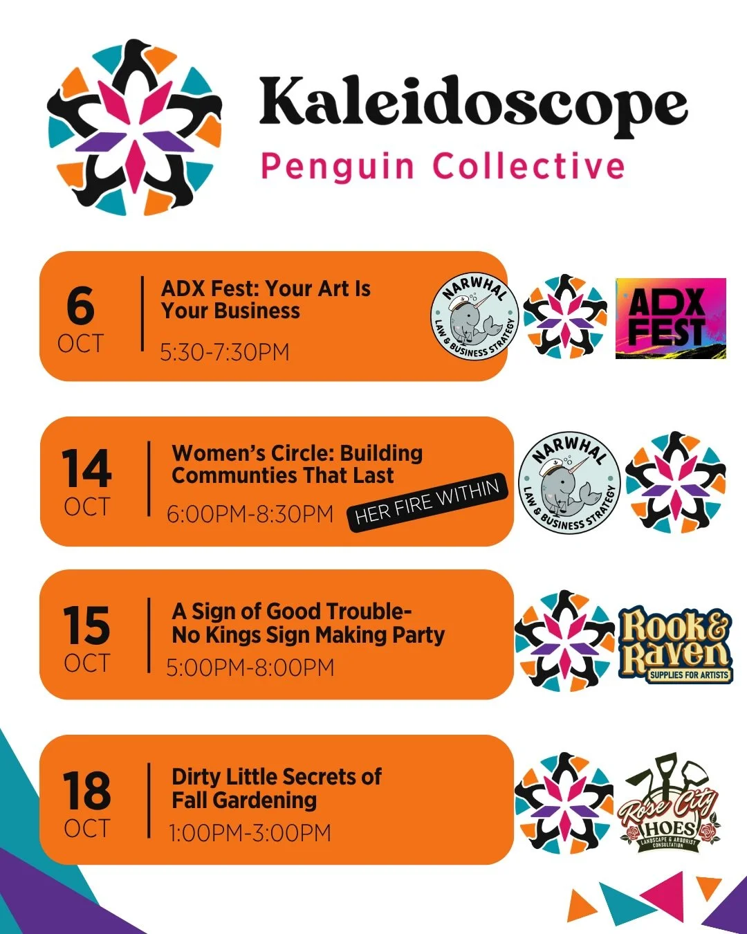 🐧 A whole waddle of reasons to get together.

We&rsquo;re filling the calendar at Kaleidoscope Penguin Collective with creativity, community, conversation, and a little delightful chaos.

From sign-making and nonprofit conversations to game night, c