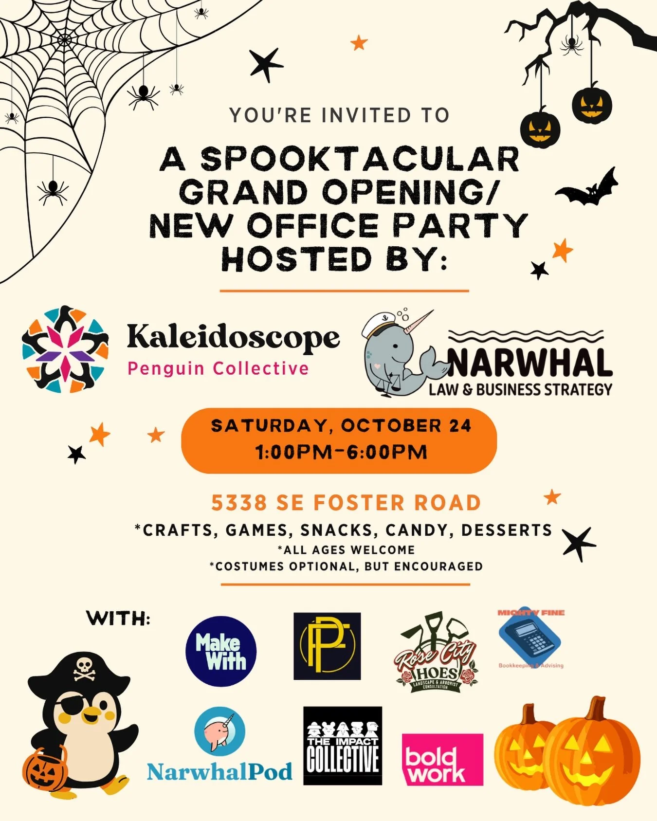 Celebrate Kaleidoscope Penguin Collective&rsquo;s grand opening and Narwhal Law and Business Strategy&rsquo;s new office with an appropriately weird Halloween twist! 🎃🐧

Explore both spaces, meet our office neighbors, and enjoy crafts, games, snack