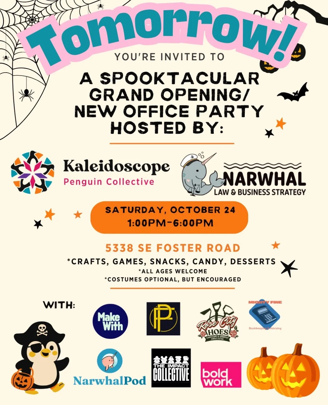 Join us tomorrow from 1pm-6pm. Celebrate Kaleidoscope Penguin Collective&rsquo;s grand opening and Narwhal Law and Business Strategy&rsquo;s new office! 🎃🐧

Explore both spaces, meet our office neighbors, and enjoy crafts, games, snacks, and candy.