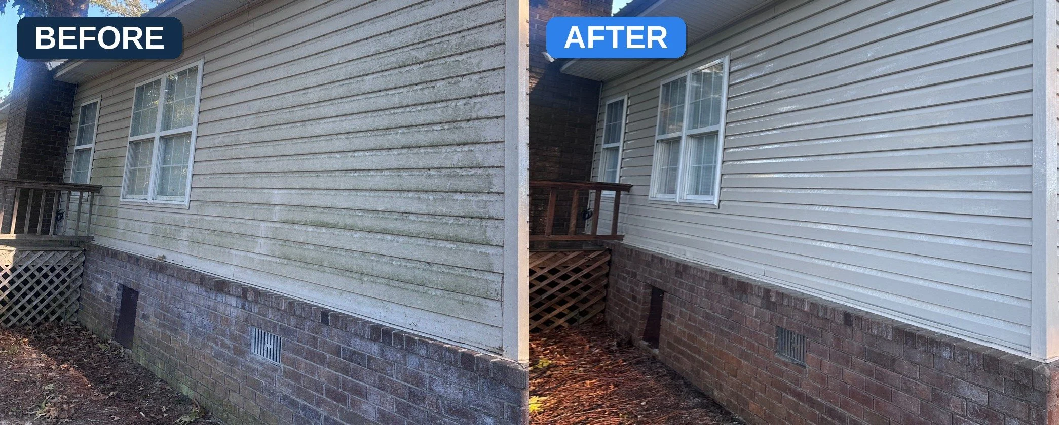 Before and after house washing — green algae on beige vinyl siding and brick, cleaned by Stephens Exteriors in Statesboro & Pooler, GA