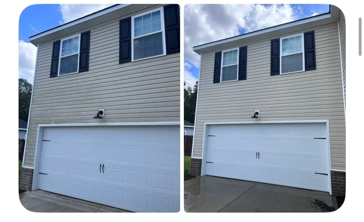 Before and after of a soft house wash in Guyton, Ga.  Removing organic growth and green siding