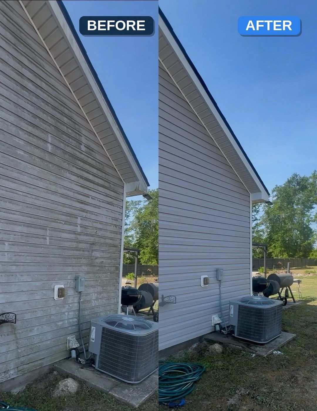Before and after house washing in Guyton, GA — dingy siding soft washed to a bright, clean finish